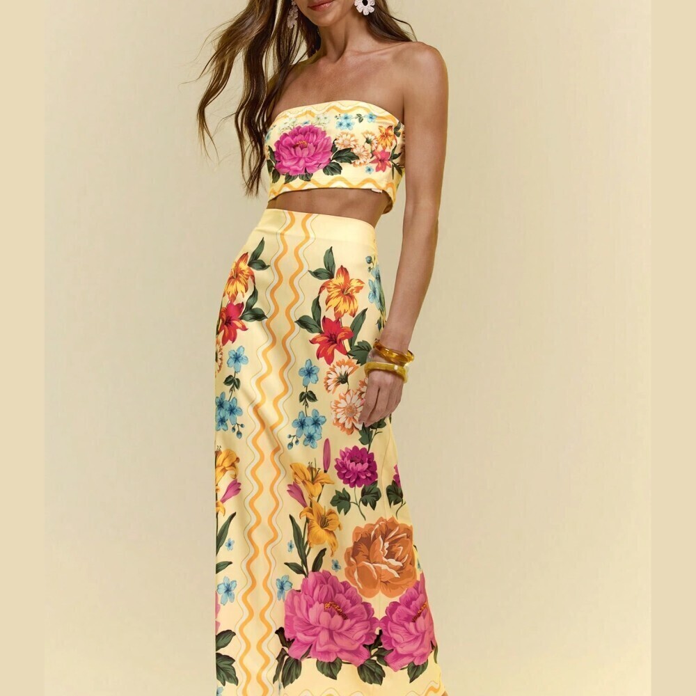 Yellow Floral Print Two-Piece Set - Strapless Crop Top & Maxi Skirt